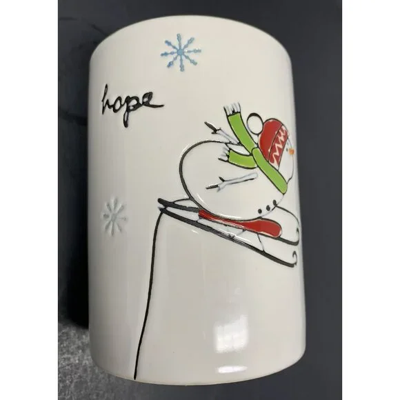 TAG SKIING SNOWMAN HOPE MUG 16 oz Embossed Winter Holiday Xmas Green Interior - Picture 8 of 8